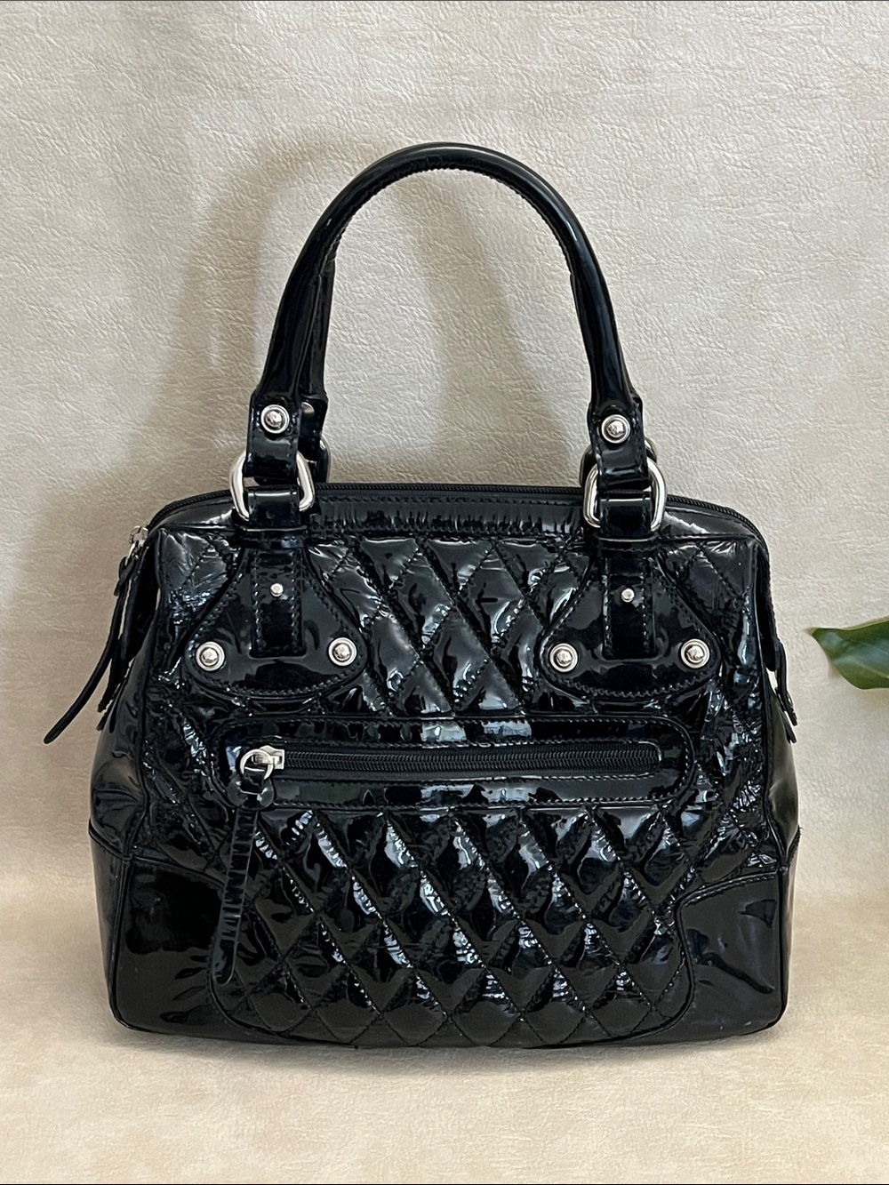 STUART WEITZMAN Black Quilted Patent Leather Satchel Handbag